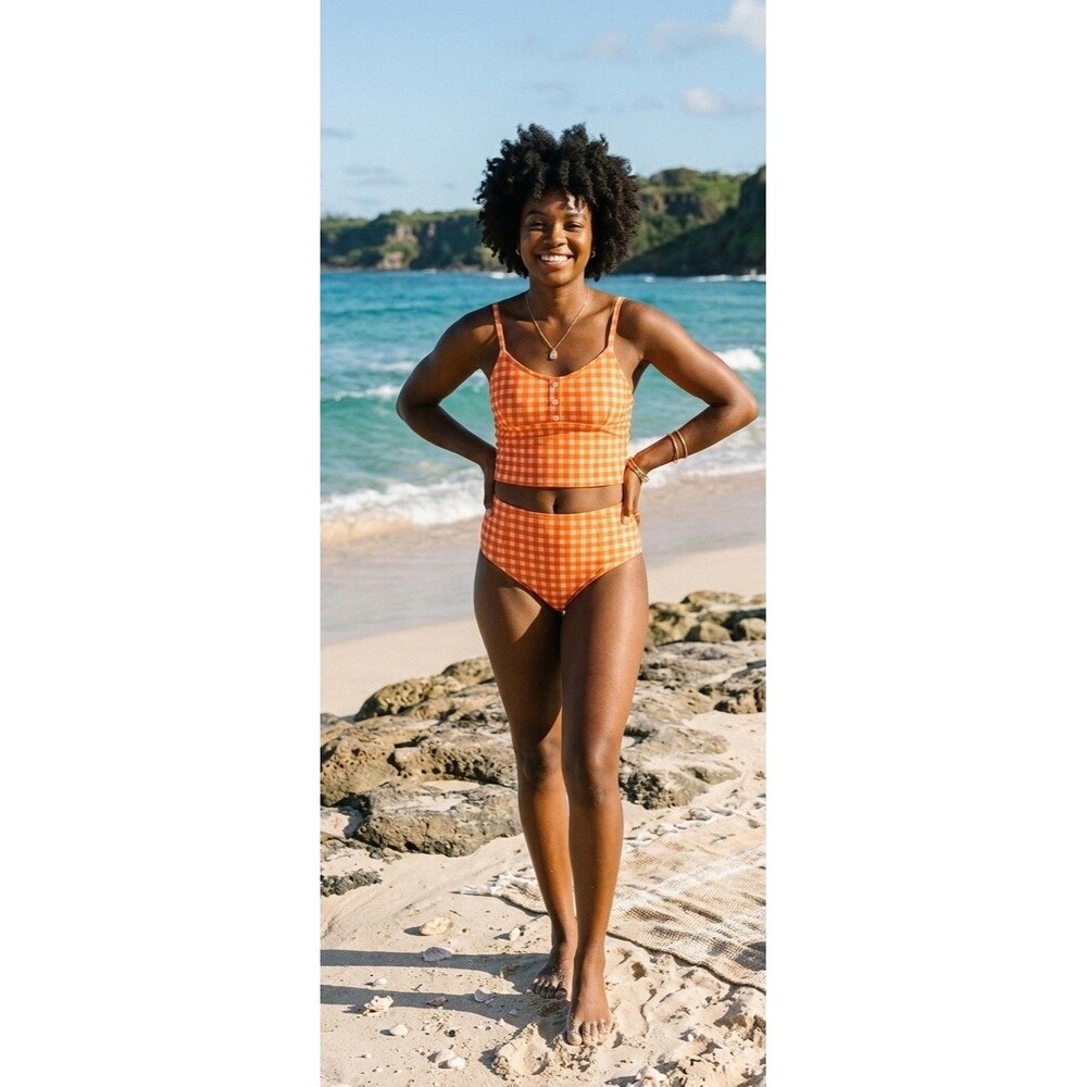 New Lime Ricki Halter High-Waisted Bikini Set Gingham Orange Pink Size S/XS